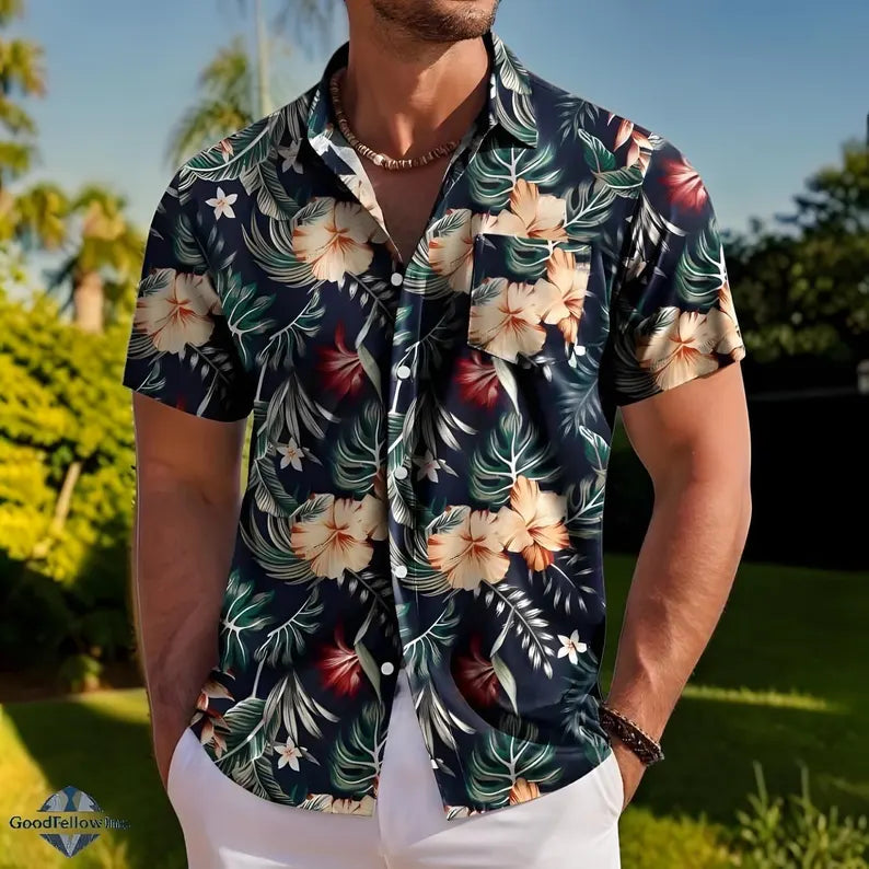 Men's Tropical Floral Print Short Sleeve Hawaiian Shirt