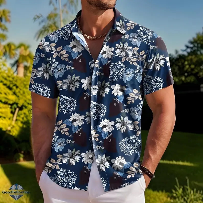 Men's Tropical Floral Print Short Sleeve Hawaiian Shirt
