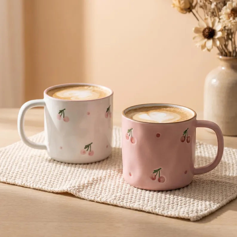 Hand Painted Cherry Ceramic Coffee Mug - 10 oz Stoneware Tea Cup, Cute Espresso & Latte Mug