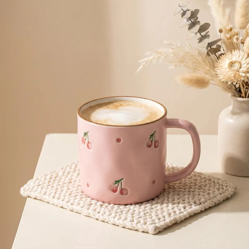 Hand Painted Cherry Ceramic Coffee Mug - 10 oz Stoneware Tea Cup, Cute Espresso & Latte Mug