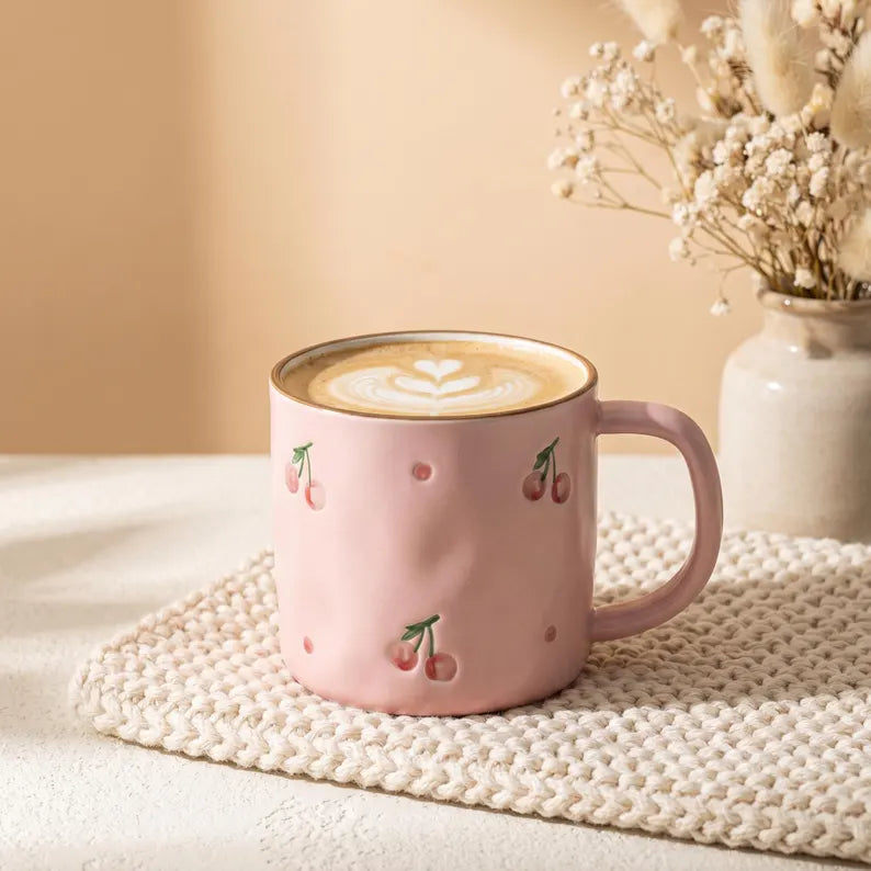 Hand Painted Cherry Ceramic Coffee Mug - 10 oz Stoneware Tea Cup, Cute Espresso & Latte Mug