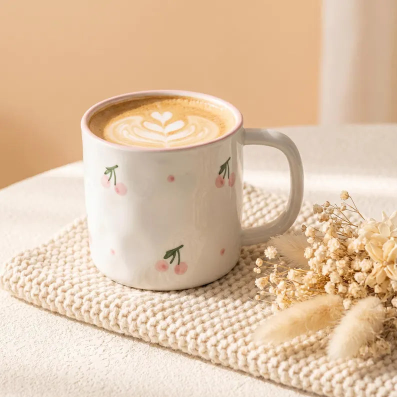 Hand Painted Cherry Ceramic Coffee Mug - 10 oz Stoneware Tea Cup, Cute Espresso & Latte Mug