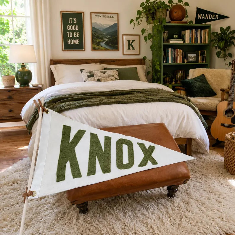 Custom Linen Pennant Flag - Tufted Felt Name Banner, Vintage College Style Room Decor