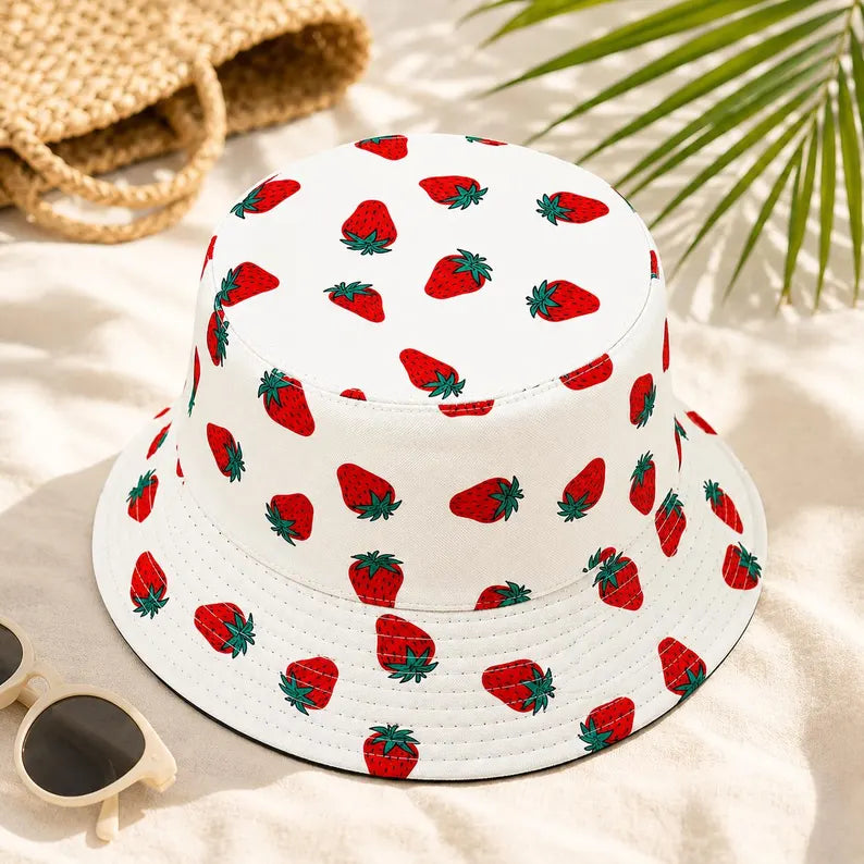 Strawberry Bucket Hat - Summer Sun Fisherman Cap, Lightweight Polyester Beach Travel Headwear