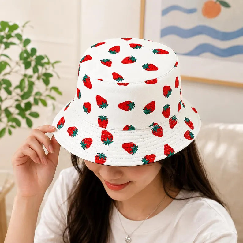 Strawberry Bucket Hat - Summer Sun Fisherman Cap, Lightweight Polyester Beach Travel Headwear