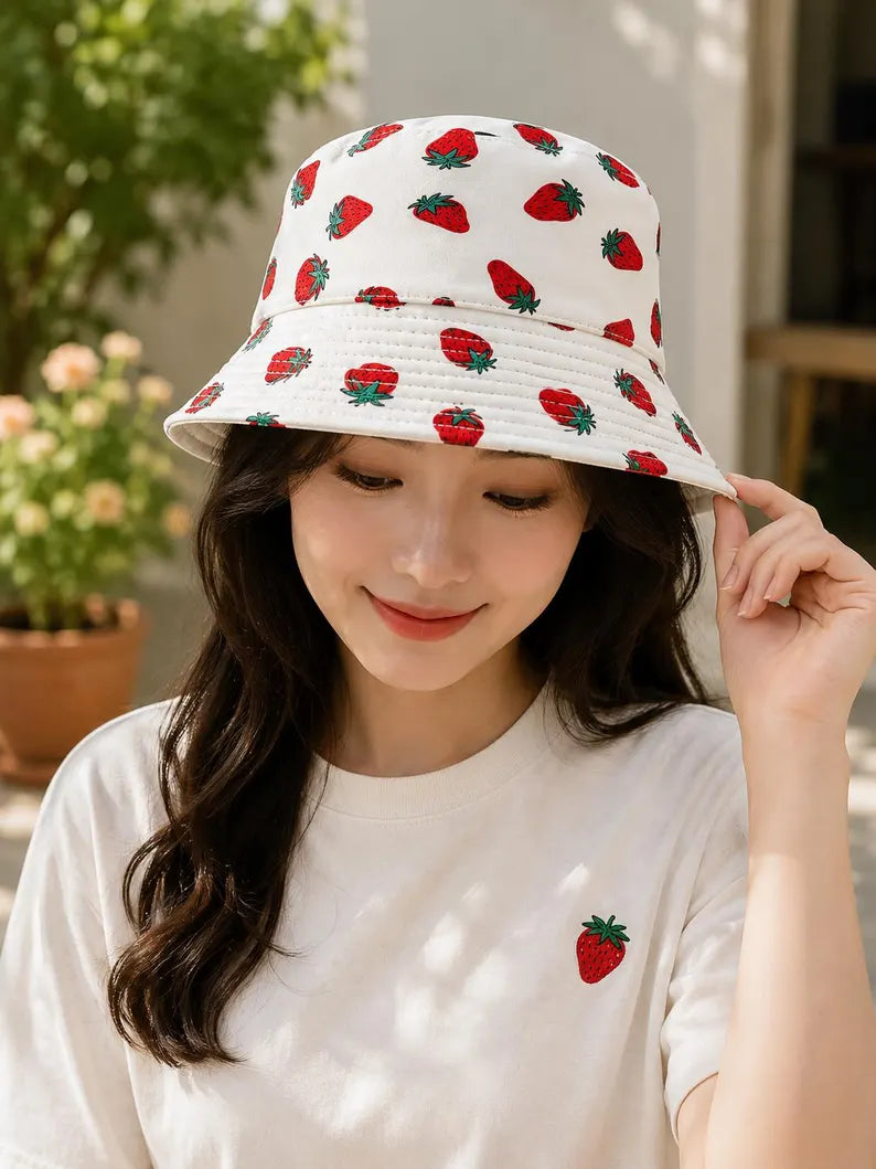 Strawberry Bucket Hat - Summer Sun Fisherman Cap, Lightweight Polyester Beach Travel Headwear