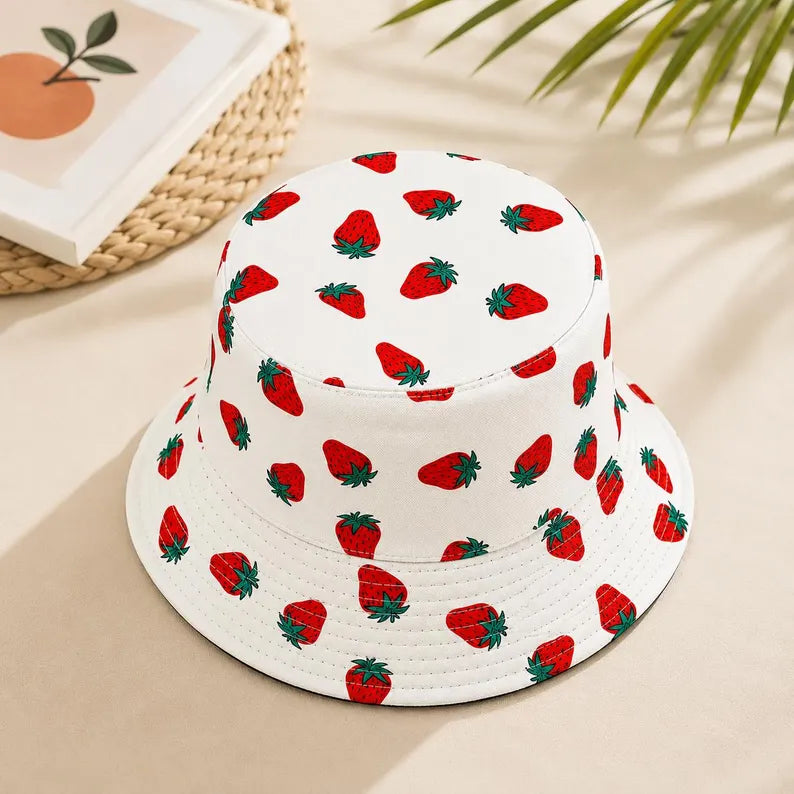 Strawberry Bucket Hat - Summer Sun Fisherman Cap, Lightweight Polyester Beach Travel Headwear