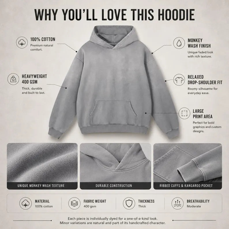 Heavyweight Sunfade Oversized Hoodie - 100% Cotton Vintage Washed Streetwear Pullover
