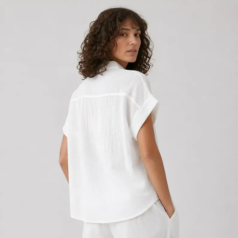 Women's Cotton Linen Short Sleeve Shirt - Lightweight Casual Button Down Summer Top