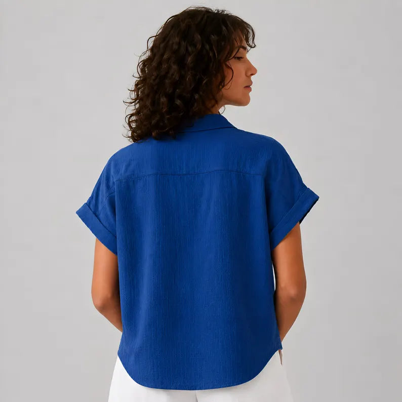 Women's Cotton Linen Short Sleeve Shirt - Lightweight Casual Button Down Summer Top