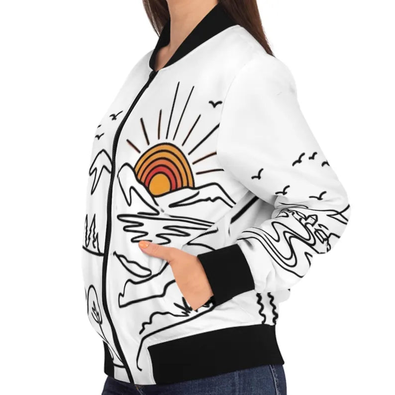 Minimalist Landscape Women's Bomber Jacket - Modern Scenic Art Outerwear