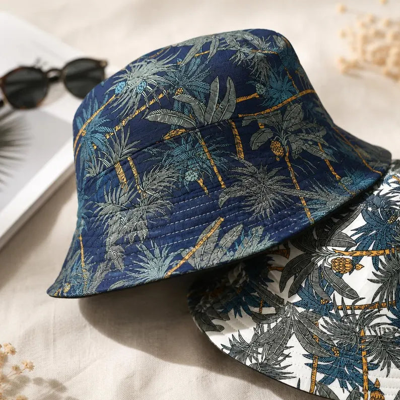 Floral Bucket Hat Reversible - Unisex Cotton Tropical Print Summer Sun Cap & Beach Travel Hat