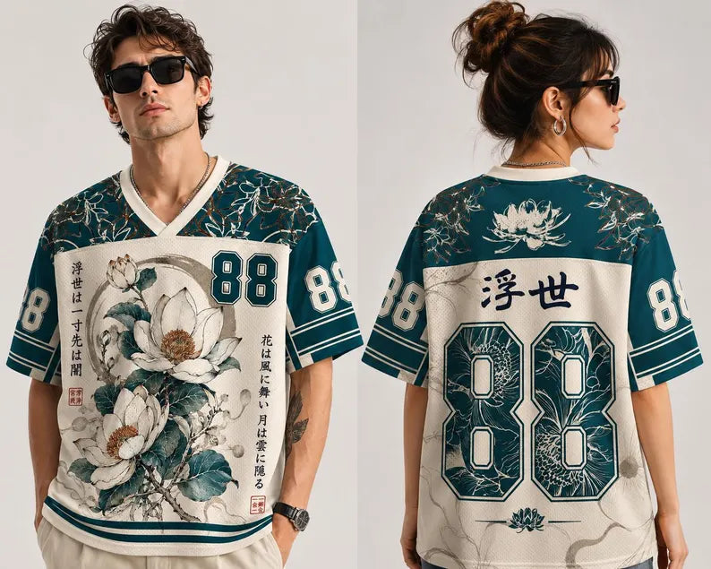 Lotus Bloom Baseball Jersey - Japanese Botanical Sports Shirt, Zen Floral Art Unisex Gift