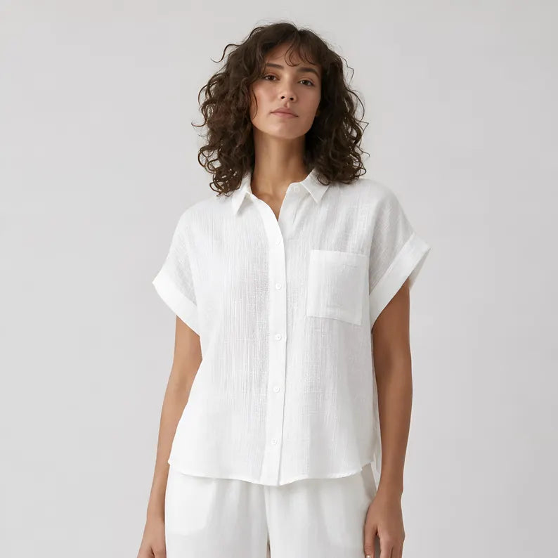 Women's Cotton Linen Short Sleeve Shirt - Lightweight Casual Button Down Summer Top