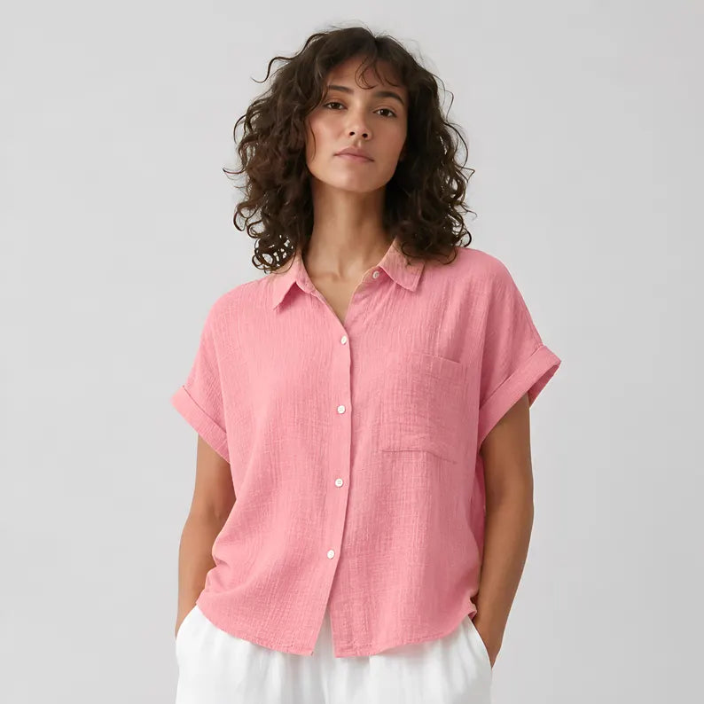 Women's Cotton Linen Short Sleeve Shirt - Lightweight Casual Button Down Summer Top