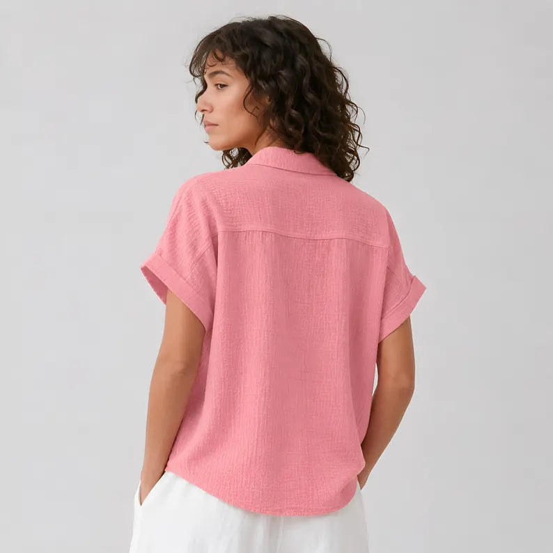 Women's Cotton Linen Short Sleeve Shirt - Lightweight Casual Button Down Summer Top