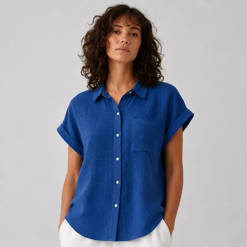Women's Cotton Linen Short Sleeve Shirt - Lightweight Casual Button Down Summer Top