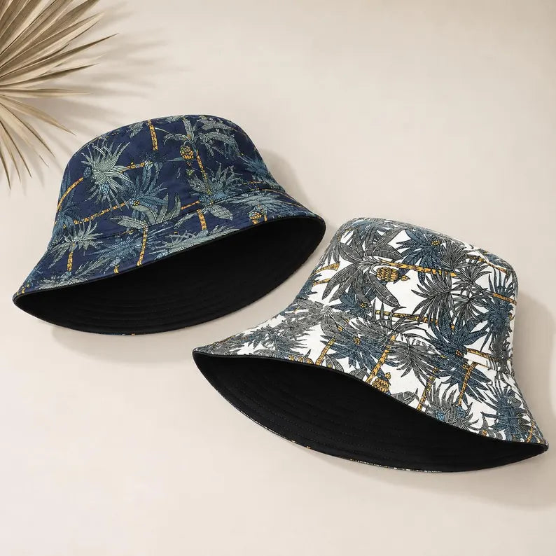 Floral Bucket Hat Reversible - Unisex Cotton Tropical Print Summer Sun Cap & Beach Travel Hat