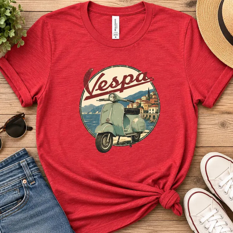 Vintage Italian Scooter Shirt - Amalfi Coast Travel Tee, Retro Italy Summer Graphic T-Shirt