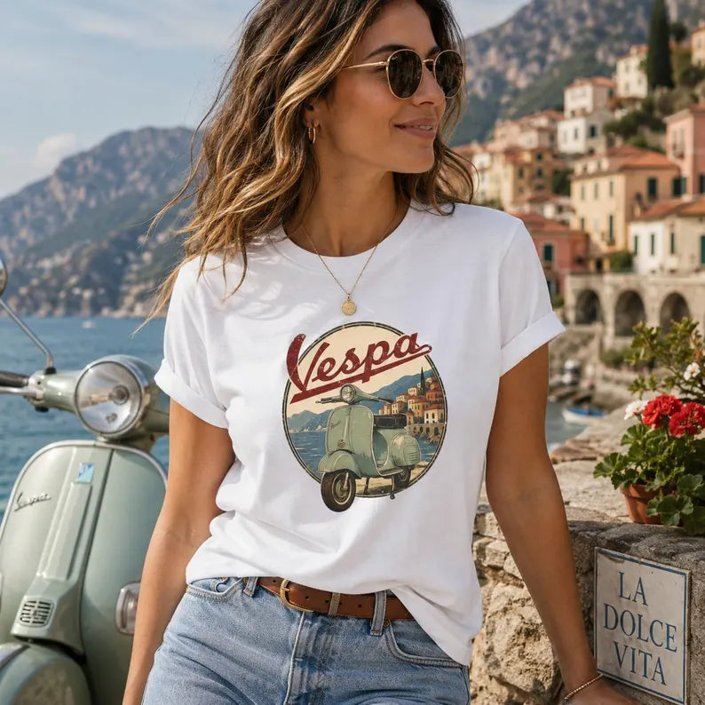 Vintage Italian Scooter Shirt - Amalfi Coast Travel Tee, Retro Italy Summer Graphic T-Shirt