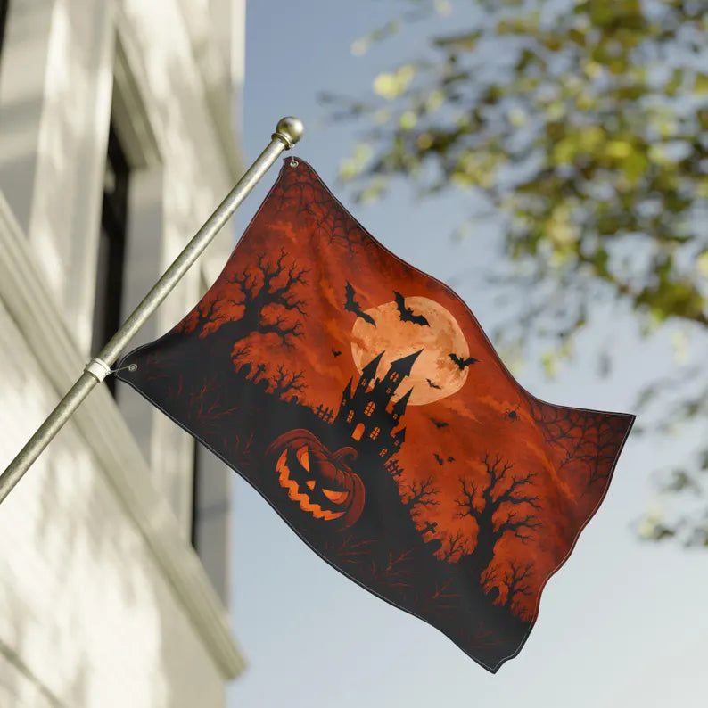Halloween Haunted House Garden Flag - Gothic Castle & Pumpkin Outdoor Spooky Decor