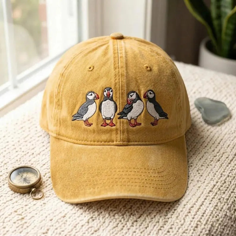 Washed Cotton Cap with Embroidered Puffins - Adjustable Strap Hat & Bird Watching Lover Gift Cap