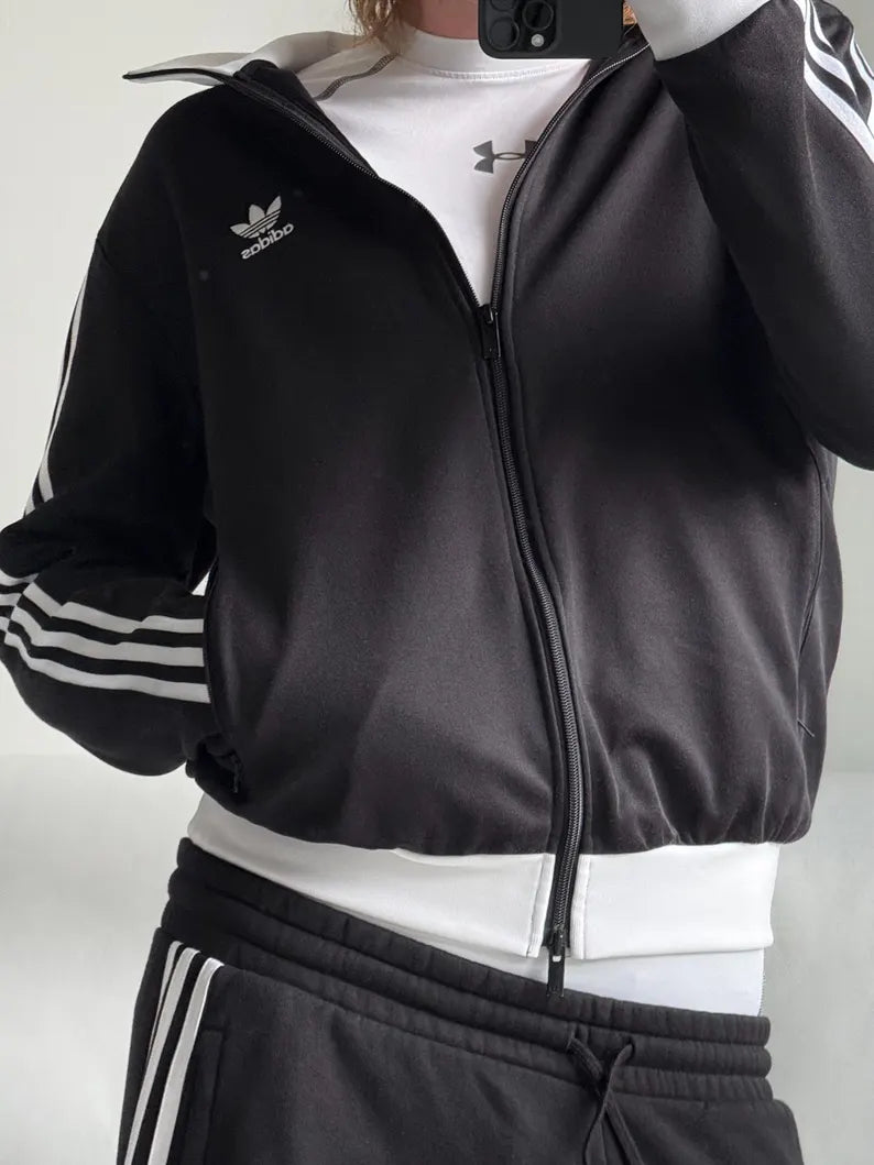 Black Zip Up Track Jacket - Boxy Fit Retro Athletic Streetwear Jacket