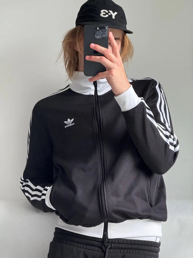 Black Zip Up Track Jacket - Boxy Fit Retro Athletic Streetwear Jacket