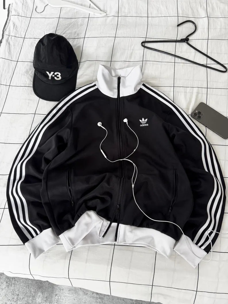 Black Zip Up Track Jacket - Boxy Fit Retro Athletic Streetwear Jacket