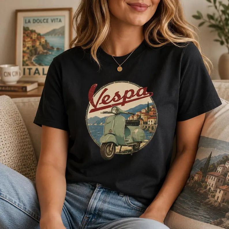 Vintage Italian Scooter Shirt - Amalfi Coast Travel Tee, Retro Italy Summer Graphic T-Shirt