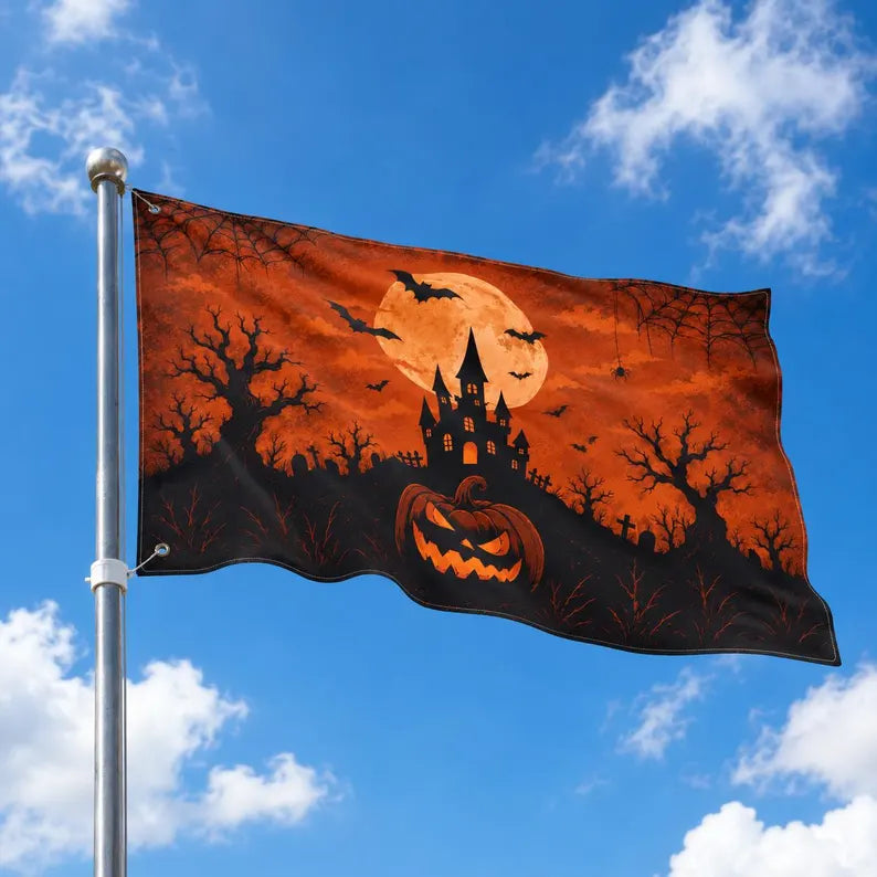 Halloween Haunted House Garden Flag - Gothic Castle & Pumpkin Outdoor Spooky Decor
