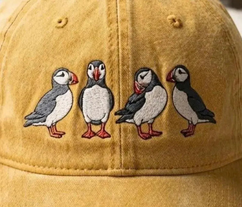 Washed Cotton Cap with Embroidered Puffins - Adjustable Strap Hat & Bird Watching Lover Gift Cap