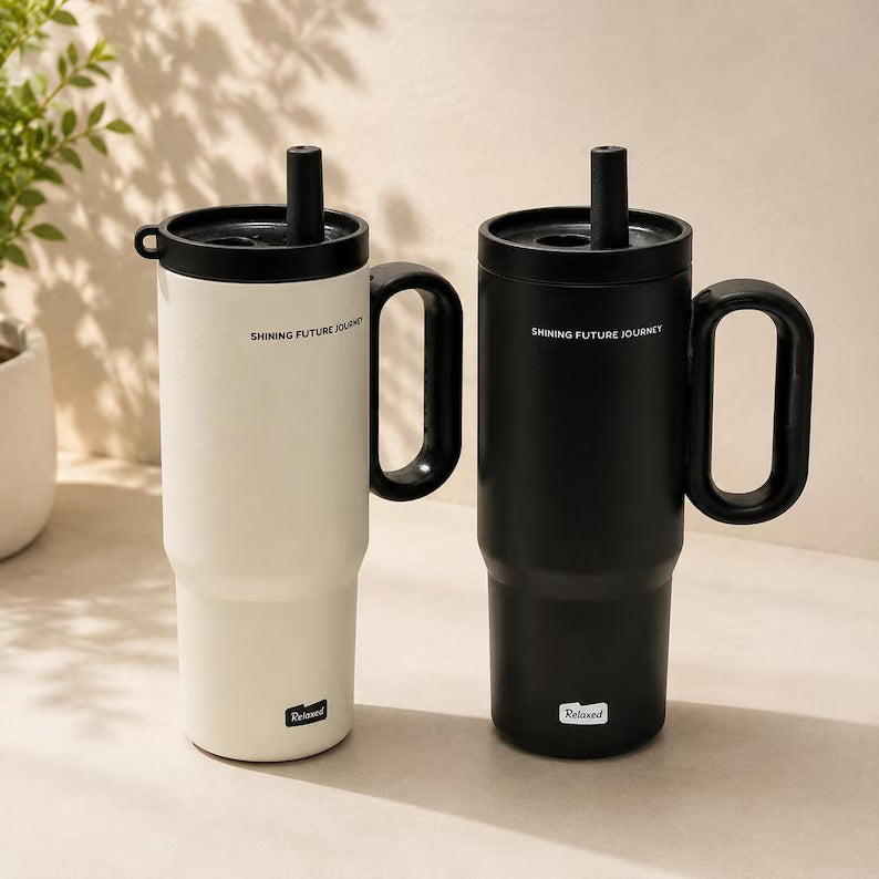 Stainless Steel Thermos Cup with Straw & Handle - Vacuum Insulated Travel Mug & Ice Coffee Tumbler