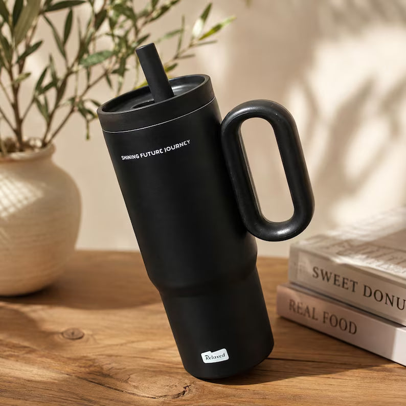 Stainless Steel Thermos Cup with Straw & Handle - Vacuum Insulated Travel Mug & Ice Coffee Tumbler