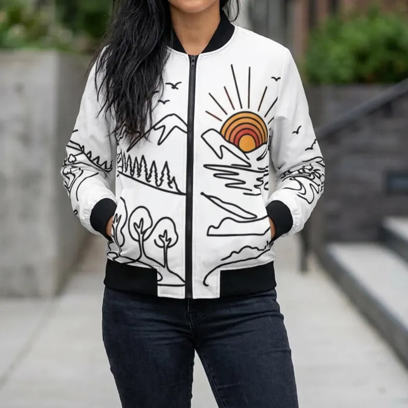 Minimalist Landscape Women's Bomber Jacket - Modern Scenic Art Outerwear