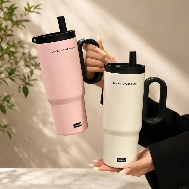 Stainless Steel Thermos Cup with Straw & Handle - Vacuum Insulated Travel Mug & Ice Coffee Tumbler