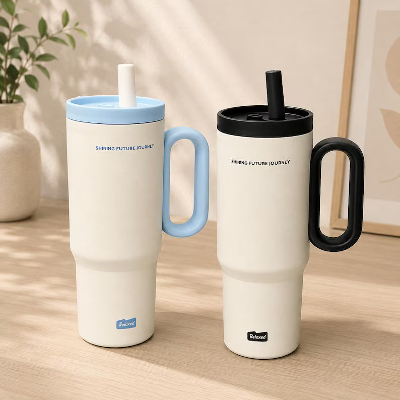 Stainless Steel Thermos Cup with Straw & Handle - Vacuum Insulated Travel Mug & Ice Coffee Tumbler