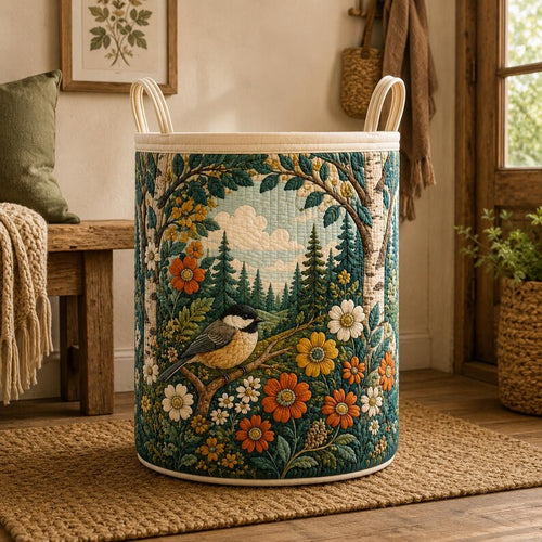Chickadee Bird Quilted Laundry Basket - Wildflower Forest Storage Hamper & Cottagecore Woodland Nursery Toy Bin